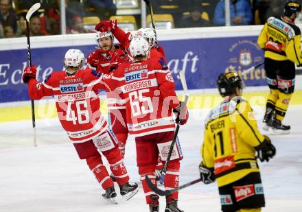 EBEL. Eishockey Bundesliga. KAC gegen 	Vienna Capitals. Torjubel Thomas Koch, Stefan Geier, Johannes Bischofberger, Michael Kernberger (KAC). Klagenfurt, am 15.10.2017.
Foto: Kuess

---
pressefotos, pressefotografie, kuess, qs, qspictures, sport, bild, bilder, bilddatenbank