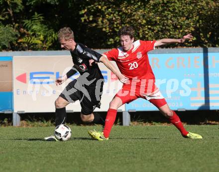 Fussball. Kaerntner Liga. KAC 1909 gegen Bleiburg. Maximilian Hubert Watscher (KAC), Rene Partl (Bleiburg). Klagenfurt, 14.10.2017.
Foto: Kuess
---
pressefotos, pressefotografie, kuess, qs, qspictures, sport, bild, bilder, bilddatenbank