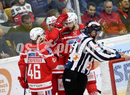 EBEL. Eishockey Bundesliga. KAC gegen 	Dornbirn Bulldogs. torjubel Marco Brucker, Johannes Bischofberger, Christoph Duller (KAC). Klagenfurt, am 20.10.2017.
Foto: Kuess

---
pressefotos, pressefotografie, kuess, qs, qspictures, sport, bild, bilder, bilddatenbank