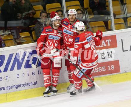 EBEL. Eishockey Bundesliga. KAC gegen 	Dornbirn Bulldogs. Torjubel Johannes Bischofberger, Geier Stefan, Martin Schumnig (KAC). Klagenfurt, am 20.10.2017.
Foto: Kuess

---
pressefotos, pressefotografie, kuess, qs, qspictures, sport, bild, bilder, bilddatenbank