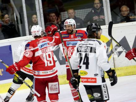 EBEL. Eishockey Bundesliga. KAC gegen 	Dornbirn Bulldogs. Torjubel Thomas Koch, Geier Stefan (KAC). Klagenfurt, am 20.10.2017.
Foto: Kuess

---
pressefotos, pressefotografie, kuess, qs, qspictures, sport, bild, bilder, bilddatenbank