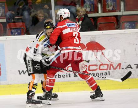 EBEL. Eishockey Bundesliga. KAC gegen 	Dornbirn Bulldogs. David Fischer, (KAC), Dominic Haberl (Dornbirn). Klagenfurt, am 20.10.2017.
Foto: Kuess

---
pressefotos, pressefotografie, kuess, qs, qspictures, sport, bild, bilder, bilddatenbank
