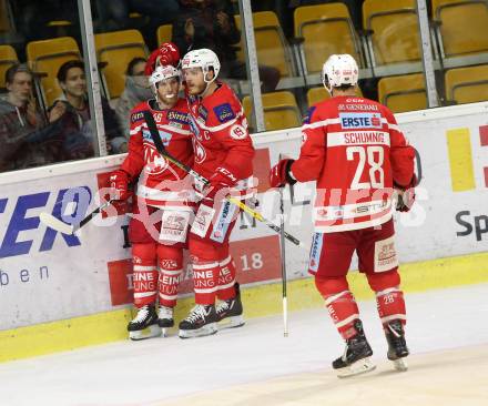 EBEL. Eishockey Bundesliga. KAC gegen 	Dornbirn Bulldogs. Torjubel Johannes Bischofberger, Geier Stefan, Martin Schumnig (KAC). Klagenfurt, am 20.10.2017.
Foto: Kuess

---
pressefotos, pressefotografie, kuess, qs, qspictures, sport, bild, bilder, bilddatenbank