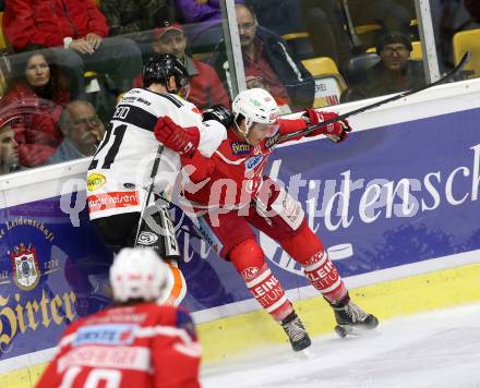 EBEL. Eishockey Bundesliga. KAC gegen 	Dornbirn Bulldogs. Ramon Schnetzer, (KAC), Brodie Reid (Dornbirn). Klagenfurt, am 20.10.2017.
Foto: Kuess

---
pressefotos, pressefotografie, kuess, qs, qspictures, sport, bild, bilder, bilddatenbank
