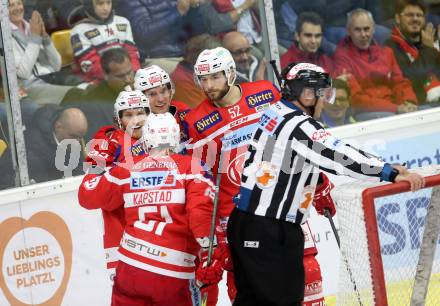 EBEL. Eishockey Bundesliga. KAC gegen 	Dornbirn Bulldogs. Torjubel Marco Brucker, Johannes Bischofberger, Christoph Duller, Kevin Kapstad (KAC). Klagenfurt, am 20.10.2017.
Foto: Kuess

---
pressefotos, pressefotografie, kuess, qs, qspictures, sport, bild, bilder, bilddatenbank