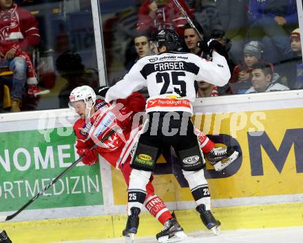 EBEL. Eishockey Bundesliga. KAC gegen 	Dornbirn Bulldogs. Philipp Kreuzer, (KAC), Matthew Fraser (Dornbirn). Klagenfurt, am 20.10.2017.
Foto: Kuess

---
pressefotos, pressefotografie, kuess, qs, qspictures, sport, bild, bilder, bilddatenbank