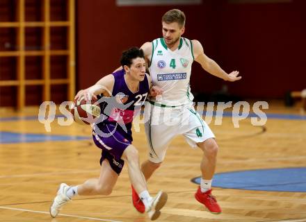 Basketball 2. Bundesliga. Grunddurchgang. 5. Runde. KOS Celovec gegen D.C. Timberwolves. Ziga Erculj, (KOS Celovec), Laurence Mueller  (Timberwolves). Klagenfurt, am 21.10.2017.
Foto: Kuess
---
pressefotos, pressefotografie, kuess, qs, qspictures, sport, bild, bilder, bilddatenbank