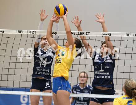 Volleyball Bundesliga. Frauen. SG Kelag Klagenfurt gegen VC Tirol. Daniela Katz, Tatjana Rajic (Klagenfurt), Ellina Domnidou (Tirol). Klagenfurt, am 21.10.2017.
Foto: Kuess
---
pressefotos, pressefotografie, kuess, qs, qspictures, sport, bild, bilder, bilddatenbank