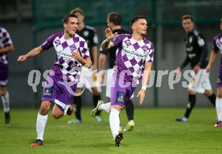 Fussball Regionalliga. SK Austria Klagenfurt gegen FC Jerich International Gleisdorf. Torjubel Tadej Zagar Knez, Ambrozije Soldo (Klagenfurt). Klagenfurt, am 20.10.2017.
Foto: Kuess
---
pressefotos, pressefotografie, kuess, qs, qspictures, sport, bild, bilder, bilddatenbank