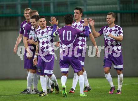 Fussball Regionalliga. SK Austria Klagenfurt gegen FC Jerich International Gleisdorf. Torjubel Torjubel Ambrozije Soldo, Thomas Hirschhofer, Tadej Zagar Knez (Klagenfurt). Klagenfurt, am 20.10.2017.
Foto: Kuess
---
pressefotos, pressefotografie, kuess, qs, qspictures, sport, bild, bilder, bilddatenbank