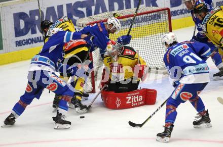 EBEL. Eishockey Bundesliga. EC VSV gegen Vienna Capitals. Robert Flick, Kyle Beach, Miha Verlic, Stefan Bacher (VSV), Philippe Lakos, Pekka Tuokkola, Tyler Cuma (Vienna Capitals). Villach, am 22.10.2017.
Foto: Kuess 


---
pressefotos, pressefotografie, kuess, qs, qspictures, sport, bild, bilder, bilddatenbank