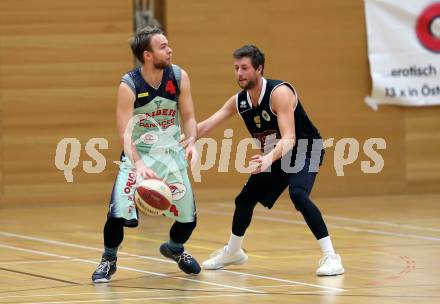 Basketball 2. Bundesliga. Grunddurchgang. 5. Runde. Villach Raiders gegen Woerthersee Piraten. Timi Huber (Villach), Alexander Della Schiava (Woerthersee Piraten). Villach, am 22.9.2017.
Foto: Kuess

---
pressefotos, pressefotografie, kuess, qs, qspictures, sport, bild, bilder, bilddatenbank