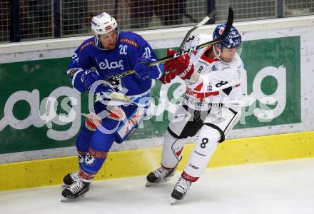 EBEL. Eishockey Bundesliga. EC VSV gegen HC TWK Innsbruck. Nico Brunner, (VSV), Hunter Bishop (Innsbruck). Villach, am 26.10.2017.
Foto: Kuess 


---
pressefotos, pressefotografie, kuess, qs, qspictures, sport, bild, bilder, bilddatenbank