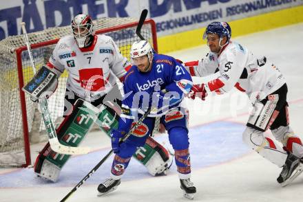 EBEL. Eishockey Bundesliga. EC VSV gegen HC TWK Innsbruck. Benjamin Petrik,  (VSV), Patrik Nechvatal, Jeremie Ouellet Blain (Innsbruck). Villach, am 26.10.2017.
Foto: Kuess 


---
pressefotos, pressefotografie, kuess, qs, qspictures, sport, bild, bilder, bilddatenbank