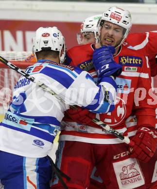 EBEL. Eishockey Bundesliga. KAC gegen 	VSV. Jonathan Rheault, (KAC), Stefan Bacher  (VSV). Klagenfurt, am 29.10.2017.
Foto: Kuess

---
pressefotos, pressefotografie, kuess, qs, qspictures, sport, bild, bilder, bilddatenbank