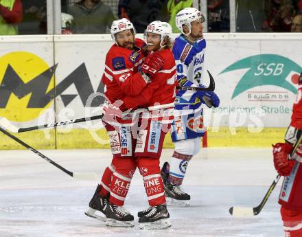 EBEL. Eishockey Bundesliga. KAC gegen 	VSV. Torjubel Thomas Koch, Johannes Bischofberger (KAC). Klagenfurt, am 29.10.2017.
Foto: Kuess

---
pressefotos, pressefotografie, kuess, qs, qspictures, sport, bild, bilder, bilddatenbank