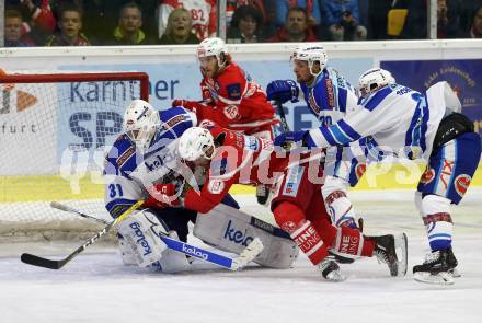 EBEL. Eishockey Bundesliga. KAC gegen 	VSV. Stefan Geier, Johannes Bischofberger (KAC), David Kickert, Markus Schlacher, Nico Brunner (VSV). Klagenfurt, am 29.10.2017.
Foto: Kuess

---
pressefotos, pressefotografie, kuess, qs, qspictures, sport, bild, bilder, bilddatenbank