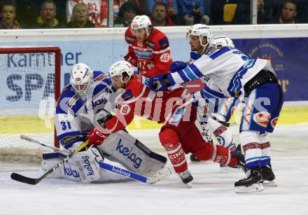 EBEL. Eishockey Bundesliga. KAC gegen 	VSV. Stefan Geier, Johannes Bischofberger (KAC), David Kickert, Markus Schlacher, Nico Brunner  (VSV). Klagenfurt, am 29.10.2017.
Foto: Kuess

---
pressefotos, pressefotografie, kuess, qs, qspictures, sport, bild, bilder, bilddatenbank
