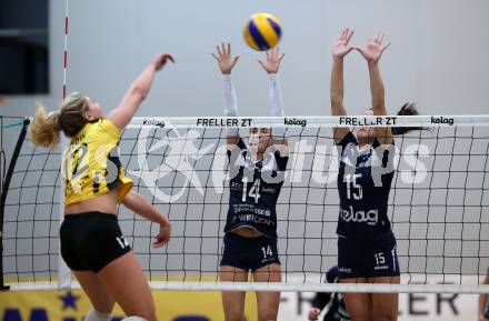 Volleyball Bundesliga. Frauen. SG Klagenfurt gegen Linz Steg. Daniela Gabriele Katz, Nikolina Bajic (SG Klagenfurt), Maria Below (Linz Steg). Klagenfurt, am 4.11.2017.
Foto: Kuess
---
pressefotos, pressefotografie, kuess, qs, qspictures, sport, bild, bilder, bilddatenbank