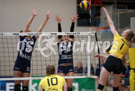 Volleyball Bundesliga. Frauen. SG Klagenfurt gegen Linz Steg. Nikolina Bajic, Ana Bajic (SG Klagenfurt), Jennifer Sadler  (Linz Steg). Klagenfurt, am 4.11.2017.
Foto: Kuess
---
pressefotos, pressefotografie, kuess, qs, qspictures, sport, bild, bilder, bilddatenbank