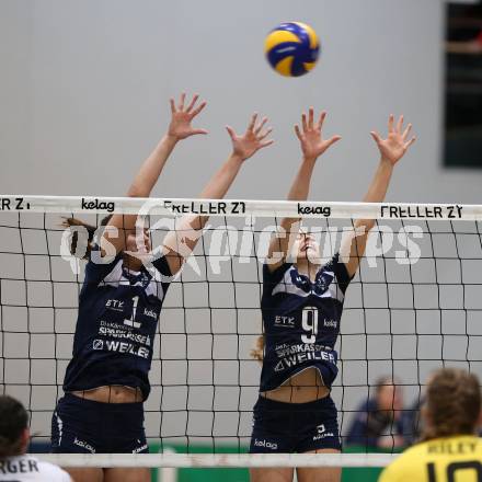 Volleyball Bundesliga. Frauen. SG Klagenfurt gegen Linz Steg. Tatjana Rajic, Maria Alexandra Epure (SG Klagenfurt). Klagenfurt, am 4.11.2017.
Foto: Kuess
---
pressefotos, pressefotografie, kuess, qs, qspictures, sport, bild, bilder, bilddatenbank