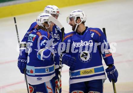 EBEL. Eishockey Bundesliga. EC VSV gegen EHC Liwest Black Wings Linz. Torjubel Valentin Leiler, Andrew Sarauer, Kyle Beach (VSV). Villach, am 5.11.2017.
Foto: Kuess 


---
pressefotos, pressefotografie, kuess, qs, qspictures, sport, bild, bilder, bilddatenbank