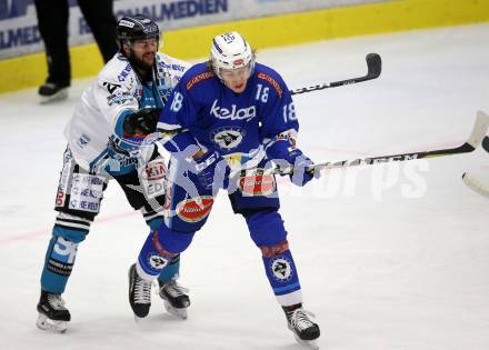 EBEL. Eishockey Bundesliga. EC VSV gegen EHC Liwest Black Wings Linz. Valentin Leiler (VSV), Bernhard Fechtig (Linz). Villach, am 5.11.2017.
Foto: Kuess 


---
pressefotos, pressefotografie, kuess, qs, qspictures, sport, bild, bilder, bilddatenbank