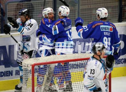EBEL. Eishockey Bundesliga. EC VSV gegen EHC Liwest Black Wings Linz. Torjubel Nico Brunner, Jordan Hickmott (VSV). Villach, am 5.11.2017.
Foto: Kuess 


---
pressefotos, pressefotografie, kuess, qs, qspictures, sport, bild, bilder, bilddatenbank