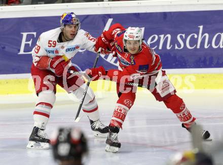EBEL. Eishockey Bundesliga. KAC gegen 	EC Red Bull Salzburg. Manuel Ganahl,  (KAC), Julien Brouillette (Salzburg). Klagenfurt, am 5.11.2017.
Foto: Kuess

---
pressefotos, pressefotografie, kuess, qs, qspictures, sport, bild, bilder, bilddatenbank