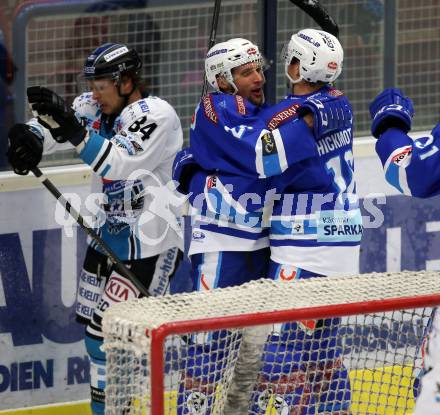 EBEL. Eishockey Bundesliga. EC VSV gegen EHC Liwest Black Wings Linz. Torjubel Nico Brunner, Jordan Hickmott (VSV). Villach, am 5.11.2017.
Foto: Kuess 


---
pressefotos, pressefotografie, kuess, qs, qspictures, sport, bild, bilder, bilddatenbank