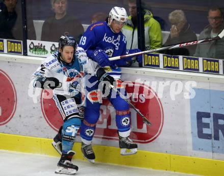 EBEL. Eishockey Bundesliga. EC VSV gegen EHC Liwest Black Wings Linz. Stefan Bacher,  (VSV), Kevin Moderer (Linz). Villach, am 5.11.2017.
Foto: Kuess 


---
pressefotos, pressefotografie, kuess, qs, qspictures, sport, bild, bilder, bilddatenbank
