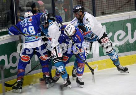 EBEL. Eishockey Bundesliga. EC VSV gegen EHC Liwest Black Wings Linz. Patrick Platzer, Nikolas Petrik (VSV), Erik Kirchschlaeger, Rick Schofield (Linz). Villach, am 5.11.2017.
Foto: Kuess 


---
pressefotos, pressefotografie, kuess, qs, qspictures, sport, bild, bilder, bilddatenbank