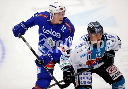 EBEL. Eishockey Bundesliga. EC VSV gegen EHC Liwest Black Wings Linz. Robert Flick (VSV), David Franz (Linz). Villach, am 5.11.2017.
Foto: Kuess 


---
pressefotos, pressefotografie, kuess, qs, qspictures, sport, bild, bilder, bilddatenbank