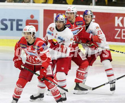 EBEL. Eishockey Bundesliga. KAC gegen 	EC Red Bull Salzburg. Thomas Hundertpfund, (KAC), Bobby Raymond, Layne Viveiros (Salzburg). Klagenfurt, am 5.11.2017.
Foto: Kuess

---
pressefotos, pressefotografie, kuess, qs, qspictures, sport, bild, bilder, bilddatenbank