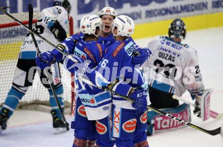 EBEL. Eishockey Bundesliga. EC VSV gegen EHC Liwest Black Wings Linz. Torjubel Jordan Hickmott, Robert Flick, Miha Verlic (VSV). Villach, am 5.11.2017.
Foto: Kuess 


---
pressefotos, pressefotografie, kuess, qs, qspictures, sport, bild, bilder, bilddatenbank
