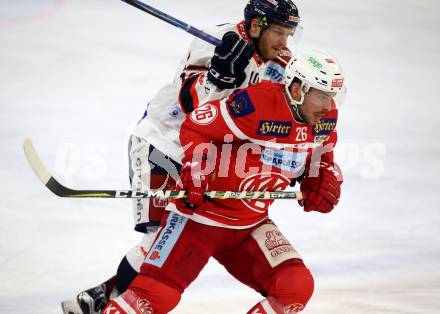 EBEL. Eishockey Bundesliga. KAC gegen 	KHL Medvescak Zagreb. Jonathan Rheault, (KAC), Tom Zanoski (Zagreb). Klagenfurt, am 15.11.2017.
Foto: Kuess

---
pressefotos, pressefotografie, kuess, qs, qspictures, sport, bild, bilder, bilddatenbank