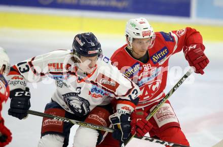EBEL. Eishockey Bundesliga. KAC gegen 	KHL Medvescak Zagreb. Marco Brucker, (KAC), Sondre Olden (Zagreb). Klagenfurt, am 15.11.2017.
Foto: Kuess

---
pressefotos, pressefotografie, kuess, qs, qspictures, sport, bild, bilder, bilddatenbank