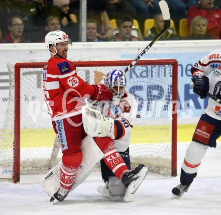 EBEL. Eishockey Bundesliga. KAC gegen 	KHL Medvescak Zagreb. Jonathan Rheault (KAC), Kevin Poulin (Zagreb). Klagenfurt, am 15.11.2017.
Foto: Kuess

---
pressefotos, pressefotografie, kuess, qs, qspictures, sport, bild, bilder, bilddatenbank