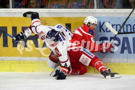 EBEL. Eishockey Bundesliga. KAC gegen 	KHL Medvescak Zagreb. Patrick Harand, (KAC), David Brine (Zagreb). Klagenfurt, am 15.11.2017.
Foto: Kuess

---
pressefotos, pressefotografie, kuess, qs, qspictures, sport, bild, bilder, bilddatenbank