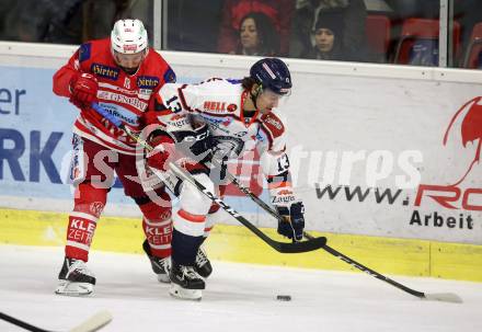 EBEL. Eishockey Bundesliga. KAC gegen 	KHL Medvescak Zagreb. Thomas Koch (KAC), Sondre Olden (Zagreb). Klagenfurt, am 15.11.2017.
Foto: Kuess

---
pressefotos, pressefotografie, kuess, qs, qspictures, sport, bild, bilder, bilddatenbank
