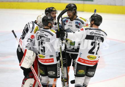 EBEL. Eishockey Bundesliga. EC VSV gegen Dornbirn Bulldogs. Torjubel Scott Timmins, Michael Caruso, Juha Rasmus Rinne, Christopher D Alvise, Brodie Reid (Dornbirn). Villach, am 24.11.2017.
Foto: Kuess 


---
pressefotos, pressefotografie, kuess, qs, qspictures, sport, bild, bilder, bilddatenbank