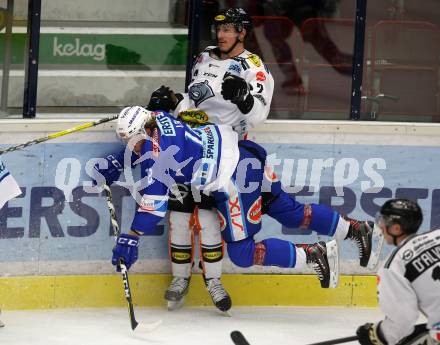 EBEL. Eishockey Bundesliga. EC VSV gegen Dornbirn Bulldogs. Valentin Leiler,  (VSV), Olivier Magnan (Dornbirn). Villach, am 24.11.2017.
Foto: Kuess 


---
pressefotos, pressefotografie, kuess, qs, qspictures, sport, bild, bilder, bilddatenbank