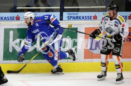 EBEL. Eishockey Bundesliga. EC VSV gegen Dornbirn Bulldogs. Kyle Beach, (VSV), James Arniel (Dornbirn). Villach, am 24.11.2017.
Foto: Kuess 


---
pressefotos, pressefotografie, kuess, qs, qspictures, sport, bild, bilder, bilddatenbank