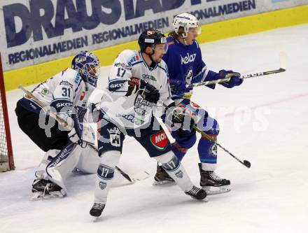 EBEL. Eishockey Bundesliga. EC VSV gegen Fehervar AV 19. Valentin Leiler, (VSV), Juha Uotila (Alba Volan). Villach, am 24.11.2017.
Foto: Kuess 


---
pressefotos, pressefotografie, kuess, qs, qspictures, sport, bild, bilder, bilddatenbank