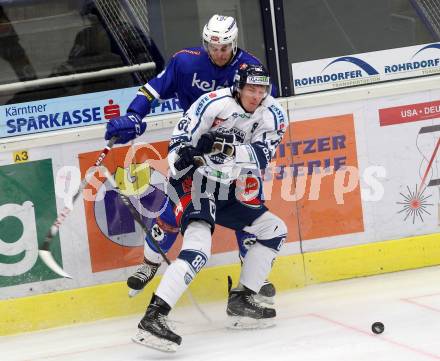 EBEL. Eishockey Bundesliga. EC VSV gegen Fehervar AV 19. Stefan Bacher, (VSV), Tamas Sarpatki (Alba Volan). Villach, am 24.11.2017.
Foto: Kuess 


---
pressefotos, pressefotografie, kuess, qs, qspictures, sport, bild, bilder, bilddatenbank