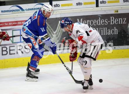 EBEL. Eishockey Bundesliga. EC VSV gegen HC TWK Innsbruck. Jordan Hickmott,  (VSV), Tyler Spurgeon (Innsbruck). Villach, am 3.12.2017.
Foto: Kuess 


---
pressefotos, pressefotografie, kuess, qs, qspictures, sport, bild, bilder, bilddatenbank