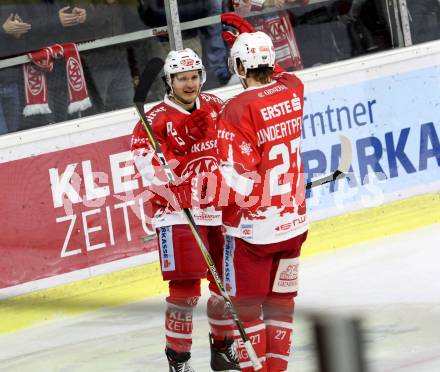 EBEL. Eishockey Bundesliga. KAC gegen 	Fehervar AV 19. Torjubel Manuel Ganahl, Thomas Hundertpfund (KAC). Klagenfurt, am 3.12.2017.
Foto: Kuess

---
pressefotos, pressefotografie, kuess, qs, qspictures, sport, bild, bilder, bilddatenbank