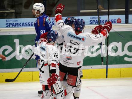 EBEL. Eishockey Bundesliga. EC VSV gegen HC TWK Innsbruck. Torjubel Mitch Wahl, Kevin Wehrs, Jeremie Ouellet-Blain (Innsbruck). Villach, am 3.12.2017.
Foto: Kuess 


---
pressefotos, pressefotografie, kuess, qs, qspictures, sport, bild, bilder, bilddatenbank