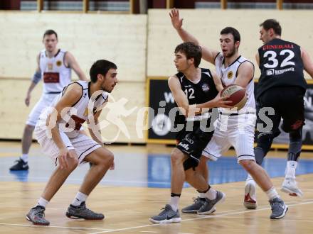 Basketball 2. Bundesliga. Grunddurchgang. 12. Runde. Woerthersee Piraten gegen Mattersburg Rocks. Marinko Nakic, Kushtrim Dvorani (Piraten),  Felix Reimann (Mattersburg). Klagenfurt, am 9.12.2017.
Foto: Kuess
---
pressefotos, pressefotografie, kuess, qs, qspictures, sport, bild, bilder, bilddatenbank