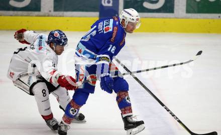 EBEL. Eishockey Bundesliga. EC VSV gegen HC TWK Innsbruck. Jordan Hickmott,  (VSV), Hunter Bishop (Innsbruck). Villach, am 3.12.2017.
Foto: Kuess 


---
pressefotos, pressefotografie, kuess, qs, qspictures, sport, bild, bilder, bilddatenbank